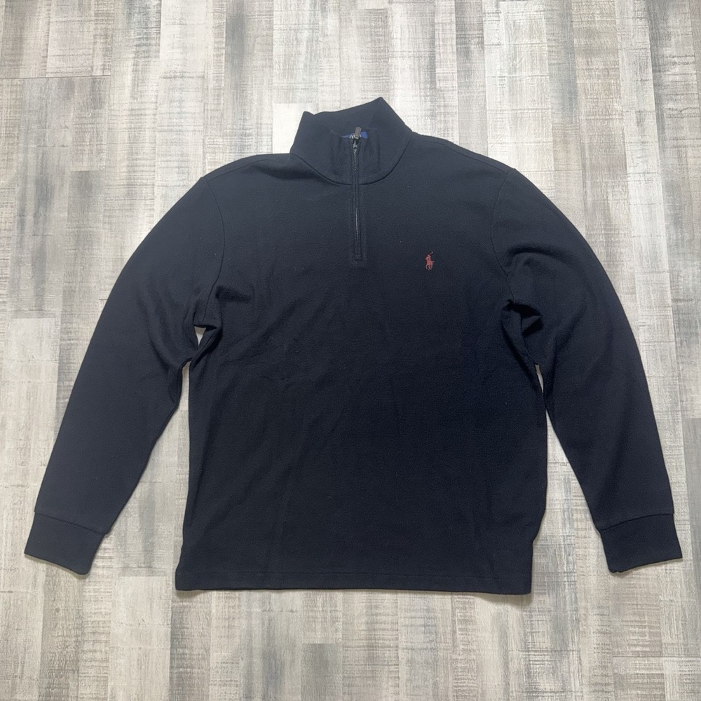 Polo Ralph Lauren Quarter Zip Pullover Mens Large Black Cotton Blend Red Pony